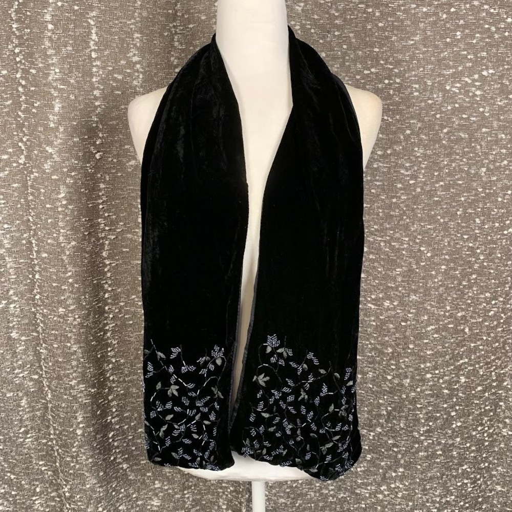 Vintage Black Velvet Beaded Floral Scarf Evening Wrap Embroidered Shawl Elegant